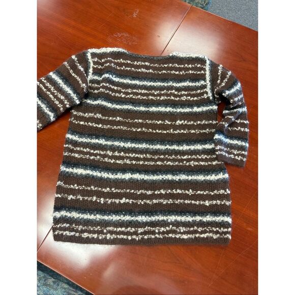 Hand Knit For Jones New York Sport Brown & Cream Stripe Crew Neck Sweater sz M E - Picture 5 of 5